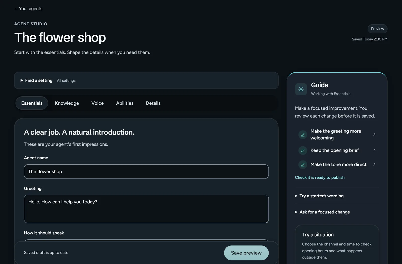 The agent studio with a greeting being edited and Guide suggestions beside it.